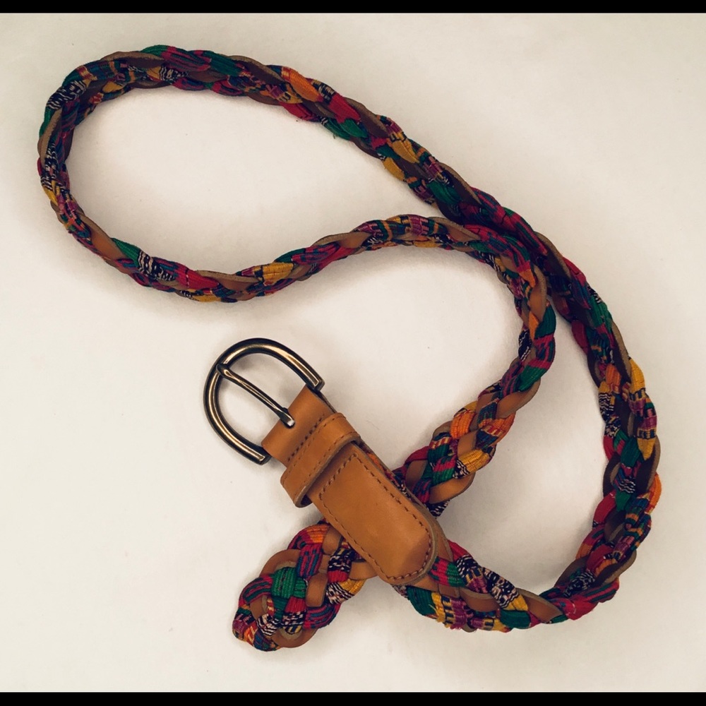 💎Tan Leather Strip & Colorful Bungee Cord Braided Belt With Heavy Metal Buckle